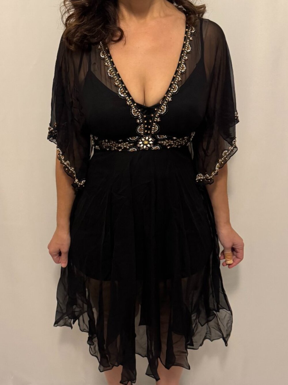 Sue Wong Y2K SILK Black White Orange Boho Dress Hand Beaded Evening Cocktail #40